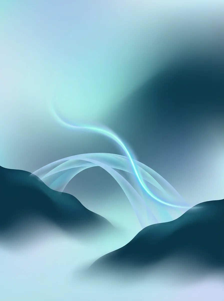 Abstract luminous blue ribbon arching across a layered landscape